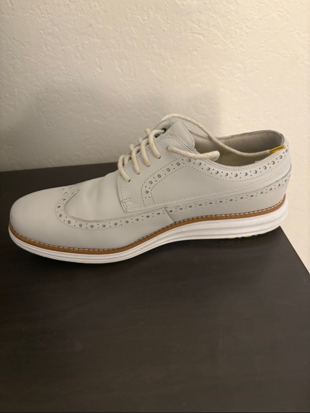 Cole Haan White Leather Wingtip Derby with Tan Welt